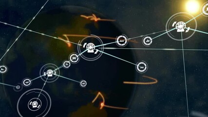 Poster - Global network connections and data exchange animation over Earth in space