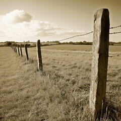 Wall Mural - Barbed wire fence stretching across a peaceful grassy field in sunlight