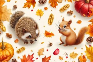 thanksgiving animals kids vector illustration with a seamless pattern of autumn leaves, corn, and pumpkins, featuring a happy hedgehog and squirrel