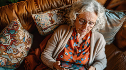 Poster - Happy Senior Woman Using Tablet at Home Technology and Relaxation in Cozy Setting