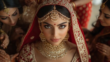 A woman wearing a red and gold Indian wedding dress is the center of attention