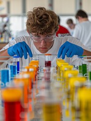 Poster - Focused Teen Boy Engaged in Hands-On Science Experiment During Collaborative High School Project in Vibrant Lab Setting