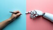 © Veayo - An image that has a split screen - One side with a person's hand holding a pen to paper (authentic content creation), and the other side, an AI in the form of a robot or computer generating content.