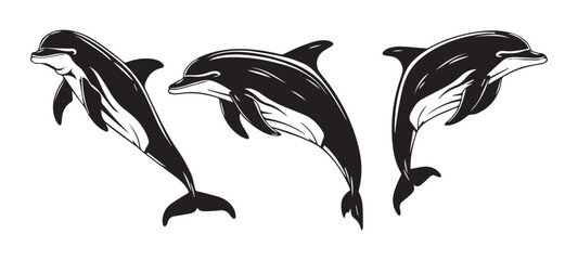 Dolphins in Black and White Vintage Woodcut Style Vector Illustration Set