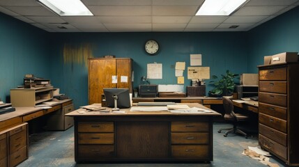 Abandoned Office Desk with Filing Cabinets and Papers