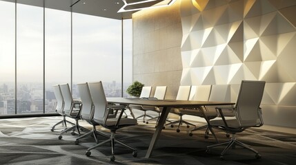 Poster - Modern Conference Room with City View and Geometric Wall
