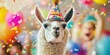 © NickArt - Festive cute birthday llama on bright colorful background with birthday hat and funny look