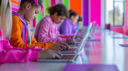 Poster - Middle School Students Coding in Technologically Advanced Classroom – Teamwork, Collaboration, and Modern Education at Daytime