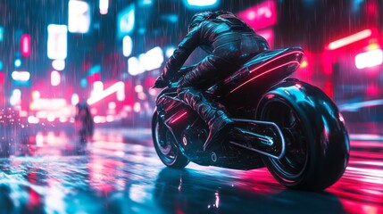 Wall Mural - A man is riding a motorcycle in the rain