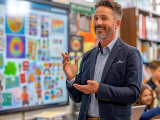 Poster - Modern Male Teacher Leading Interactive Lesson with Diverse Students Using Technology in a Bright Classroom Setting