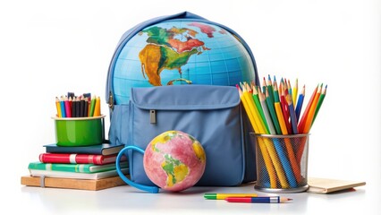 Poster - School supplies set with backpack, pencils, pens, and globe on white background, backpack, school, supplies, pencils