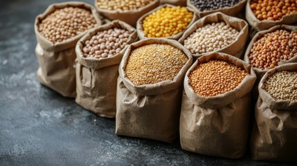 Wall Mural - A row of bags of different colored beans are displayed on a counter