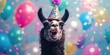 © NickArt - Festive cute birthday llama on bright colorful background with birthday hat and funny look