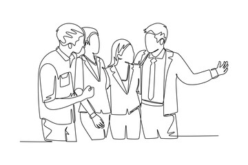 Wall Mural - Single continuous line drawing of young happy male and female employees standing together and posing to hug each other at office. Business friendship. One line draw graphic design vector illustration