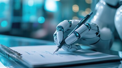 Poster - AI bot with a pen in hand, writing answers on a notebook, illustrating the concept of generating human-like responses.