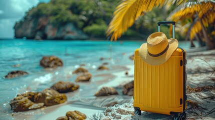 Wall Mural - Sun-Kissed Adventures: Yellow Suitcase and Hat on Serene Tropical Beach Getaway