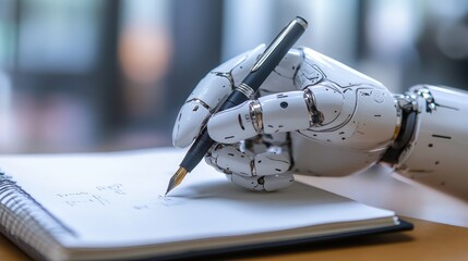 Poster - AI bot with a pen in hand, writing answers on a notebook, illustrating the concept of generating human-like responses.