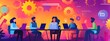 © Emma - Illustration of diverse people sitting around a table, working together on a project with gears and abstract shapes in the background representing innovation, a business team work concept