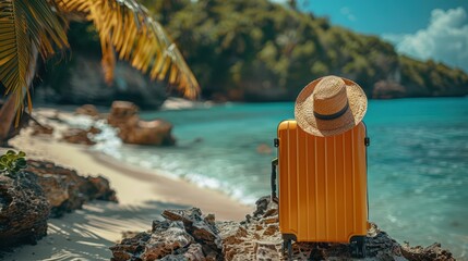 Wall Mural - Beach Travel Ready - Tropical Scene with Yellow Suitcase and Hat, Vacation Preparation Concept