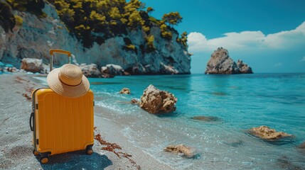 Wall Mural - Sunny Beach Getaway: Yellow Suitcase with Straw Hat and Holiday Essentials by the Sea