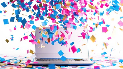 Laptop bursting with colorful confetti in celebration