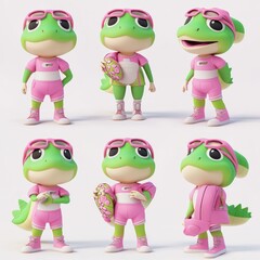 Poster - A cartoon frog character in sporty outfits, showcasing various poses and accessories.