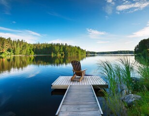 Wall Mural - Photo of a wooden dock with an Adirondack chair overlooking the calm waters and blue sky in Sweden, surrounded by lush greenery on both sides of the lake.