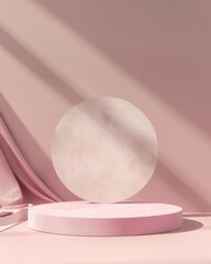 Aufkleber - Minimalist Mockup with Soft Pink Circular Podium in Monochromatic Pastel Pink Background and Gentle Shadows