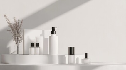 Poster - Minimalist product stand on a white background, ready for showcasing beauty and cosmetic products in an elegant and clean setting.