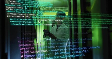 Poster - Programming code animation over scientist working in laboratory with tablet