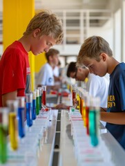 Aufkleber - Teen Boys Collaborating in High School Science Lab During Daytime Workshop, Engaging in Hands-On Experiments with Test Tubes, Fostering Learning and Teamwork