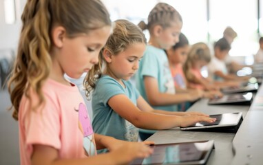 Poster - Elementary School Girls Engaged in Educational Technology Using Tablets in Bright Classroom with Teacher Facilitating Group Project