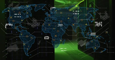 Poster - World map with data points and network connections animation over server room