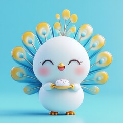 Wall Mural - A cute cartoon peacock character holding a dessert, smiling against a blue background.