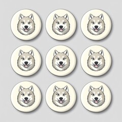 Canvas Print - A collection of round buttons featuring cute wolf illustrations.