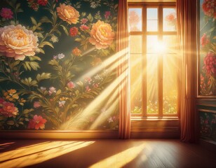 Sticker - Sunbeams Shining Through a Window Onto a Floral Wallpaper