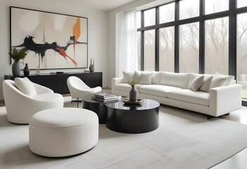 A modern and minimalist living room with a large white sectional sofa, a round black coffee table, and two white swivel chairs. The room has large windows that let in plenty of natural light.