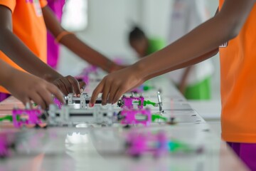 Poster - Young Multiracial Students Collaborating on Robotic Arm Assembly in Classroom Setting, Morning, Fostering Teamwork and Innovation