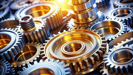 Aufkleber - Close up of shiny cogwheels and gears with oil and engineering parts in background, mechanical, machinery