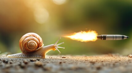 The contrast between a slow snail and a fast missile, symbolizing the concept of accelerated progression and fast outcomes.