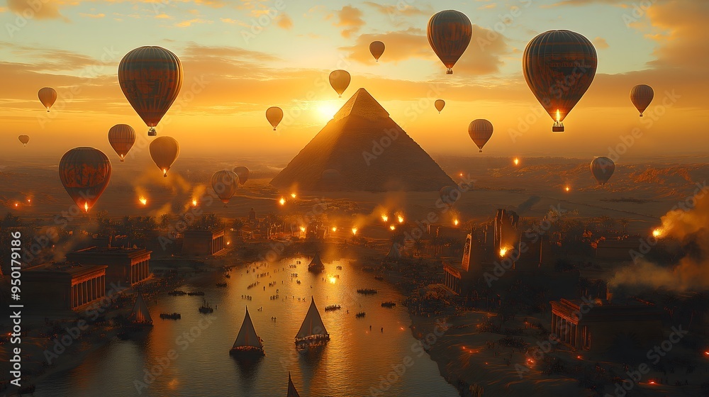 Many hot air balloons above the Great Pyramid of Giza in a realistic ...
