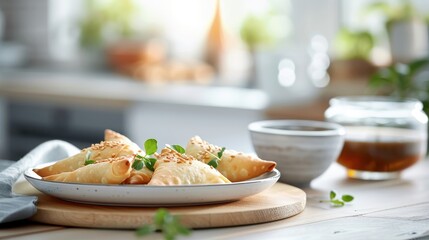 Tamarind sauce used as a condiment for samosas, served on a rustic plate in a cozy kitchen setting.