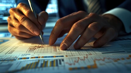 Poster - Close-up of Hands Analyzing Financial Charts with Pen