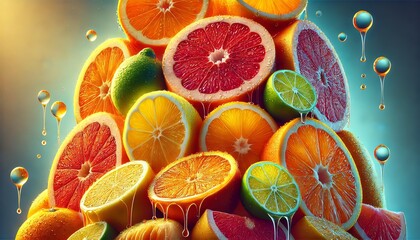 Wall Mural - A variety of half-cut citrus fruits, including oranges, lemons, limes, grapefruits, and tangelos