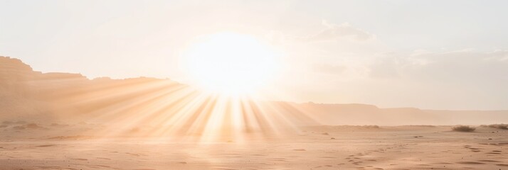 Poster - Tranquil Soft Pink Desert at Dawn with Sunbeams Creating Dappled Light Effect over Sand, Emphasizing Calmness and Dreamy Atmosphere