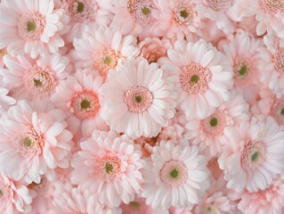 Poster - Close-Up Aerial View of Symmetrical Pastel Pink Floral Pattern with Soft Diffused Lighting Highlighting Geometric Texture of Intricate Flower Arrangement