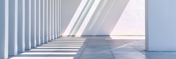 Aufkleber - Modern Minimalist Architecture Soft White Facade with Rays of Light at Sunrise Creating Artistic Shadows