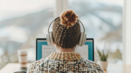Poster - Teenage Students Engaged in Online High School Class, Using Laptops and Headphones from Home, Morning Light, Casual Attire, Focused on Virtual Education and Technology