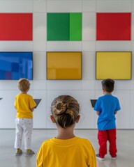 Poster - Elementary Students Learning with Interactive Whiteboards and Tablets, Morning Classroom, Engaged and Active Participation, Modern Educational Technology