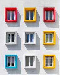 Poster - Pastel Window Pattern with Soft Shadows on White Background – Bright, Sunny Day with Repetitive Architecture Design